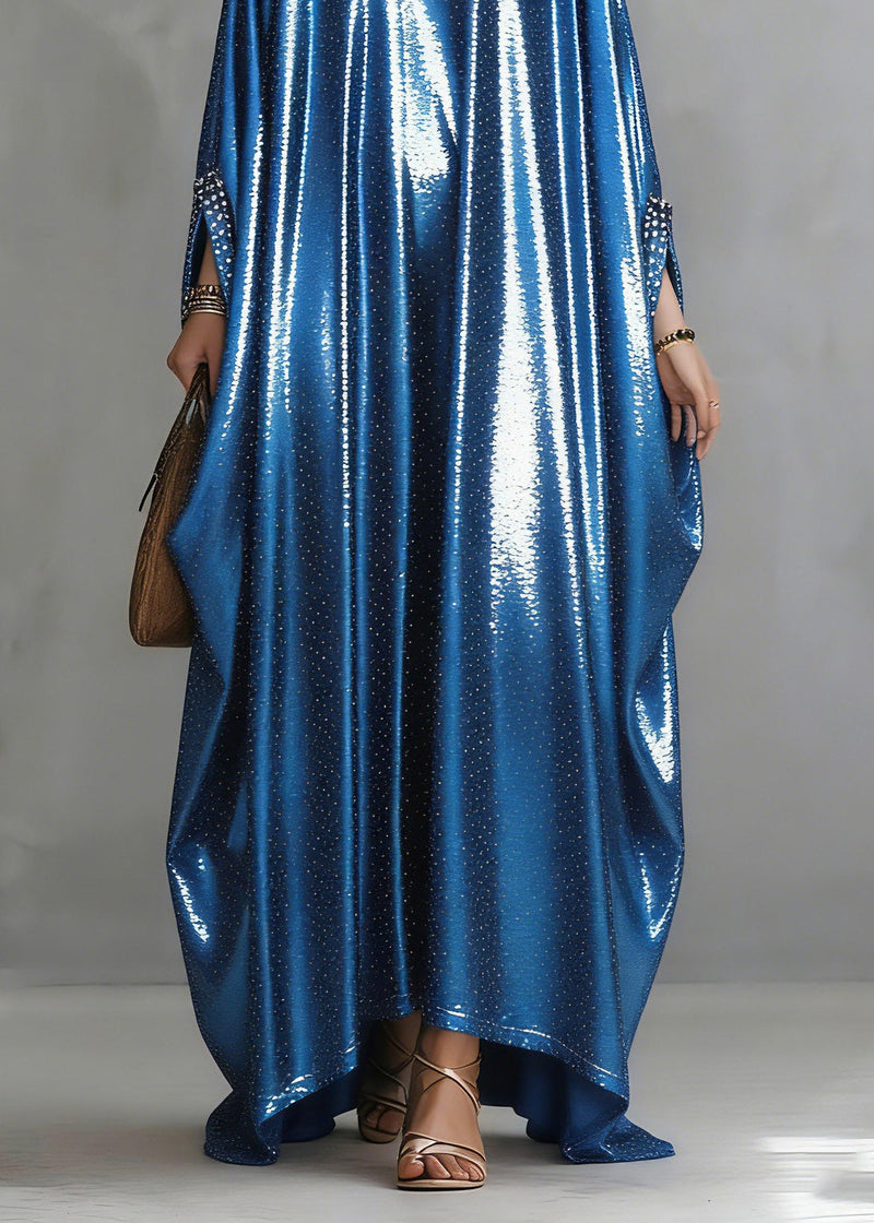 Blue Nail Bead Silk Long Dress Spring