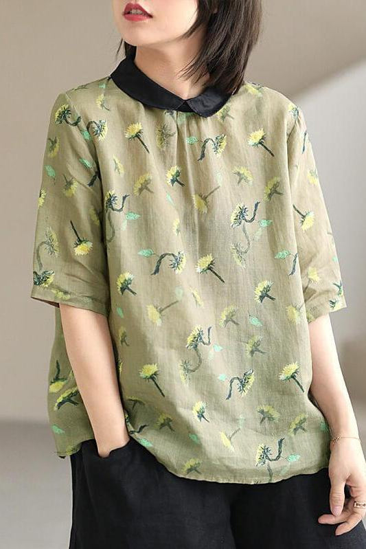 Cotton Linen Breasted Print T-shirt
