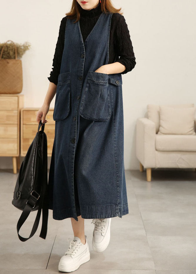 Denim Blue V Neck Patchwork Pockets Cotton a Line Dress Sleeveless