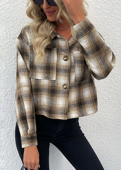 Khaki Peter Pan Collar Pockets Plaid Cotton Short Coat Fall