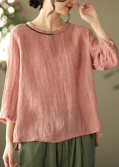 Pink O-neck Wrinkled Side Open Top Three Quarter Sleeve
