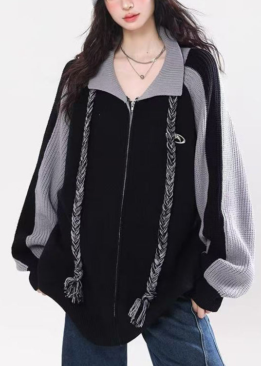 Black Zip Up Patchwork Loose Knit Cardigan Spring