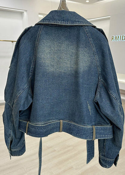 Modern Blue Peter Pan Collar Pockets Patchwork Denim Coat Fall