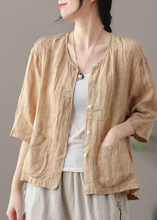 Yellow Patchwork Linen Shirt Tops Pockets Bracelet Sleeve