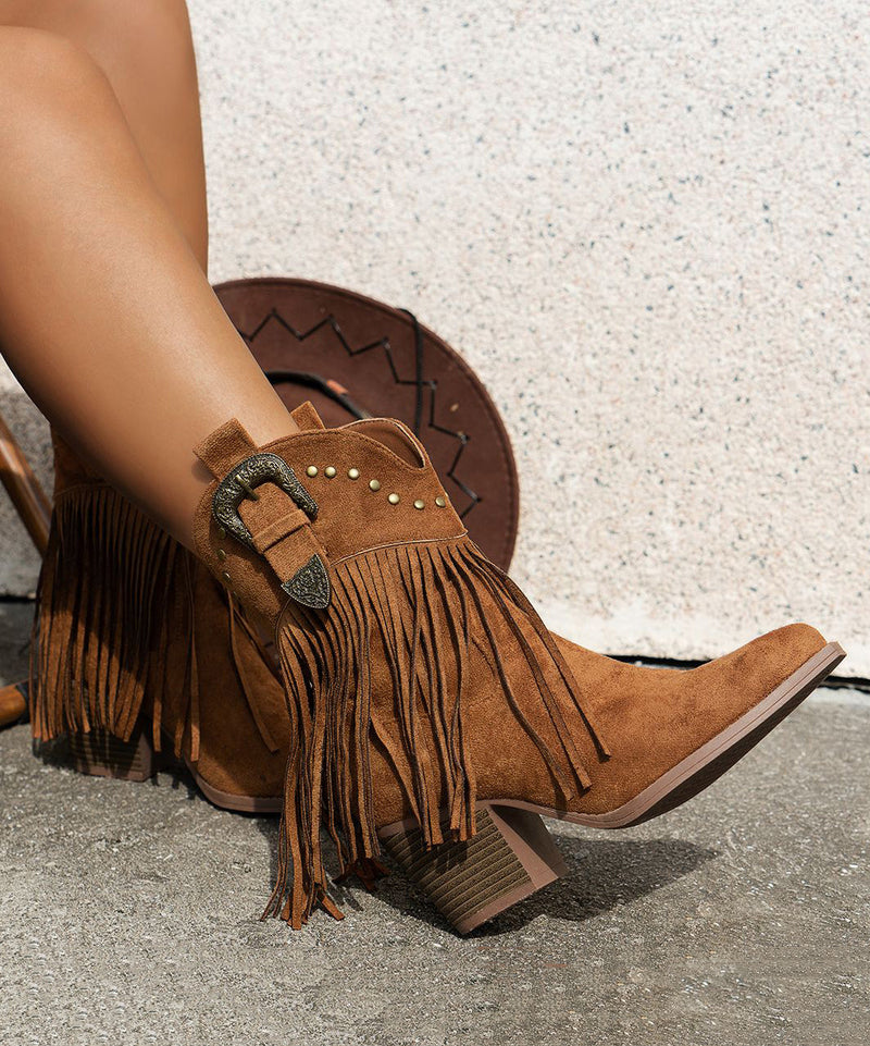 Brown Tasseled Nail Bead Suede Splicing Ankle Boots