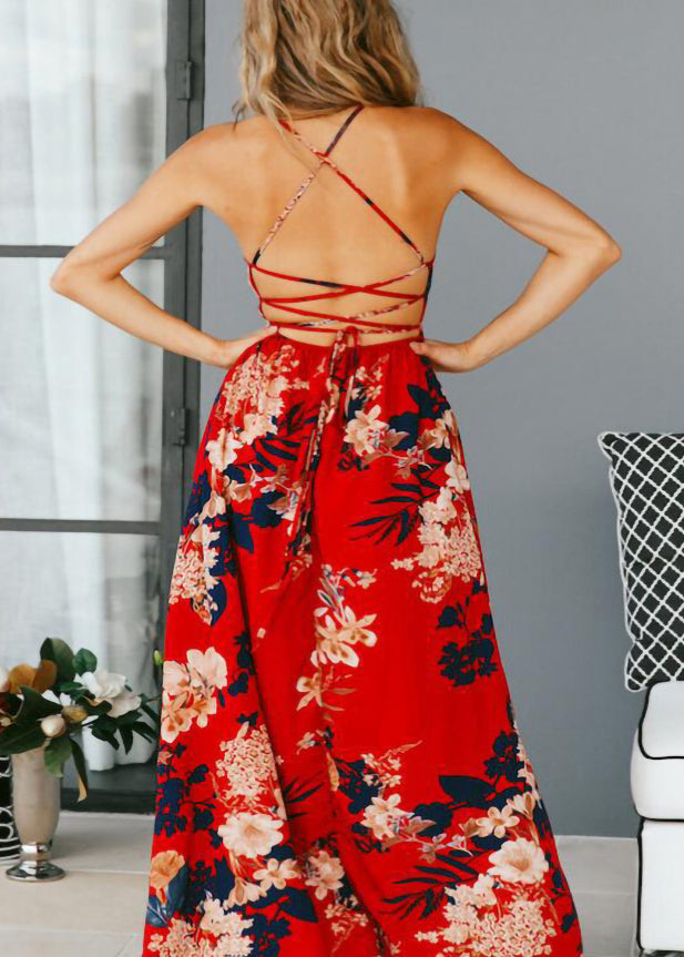 Red Print Backless Cotton Spaghetti Strap Dresses Summer