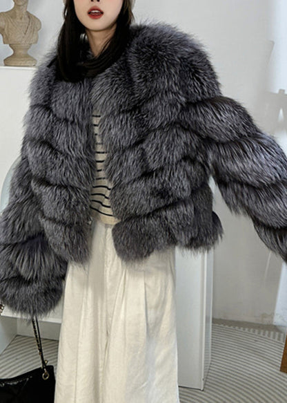 Grey Patchwork Leather and Fur Jacket Winter