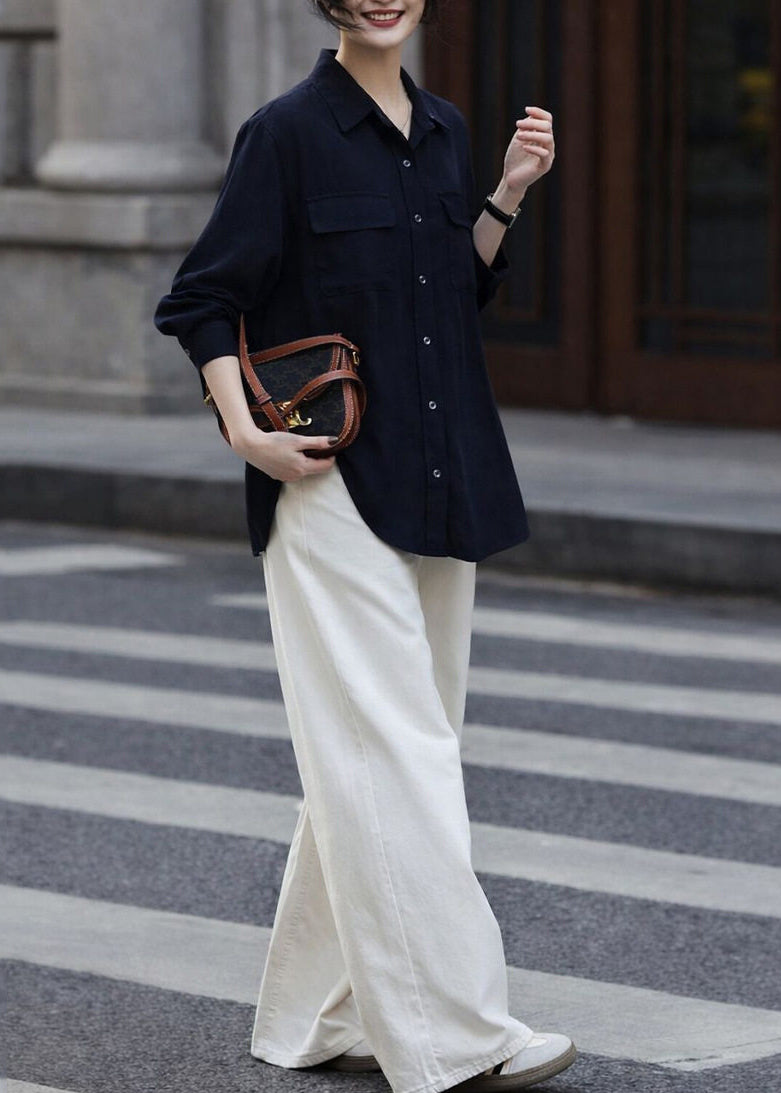 Modern Black Oversized Pockets Cotton Shirt Spring