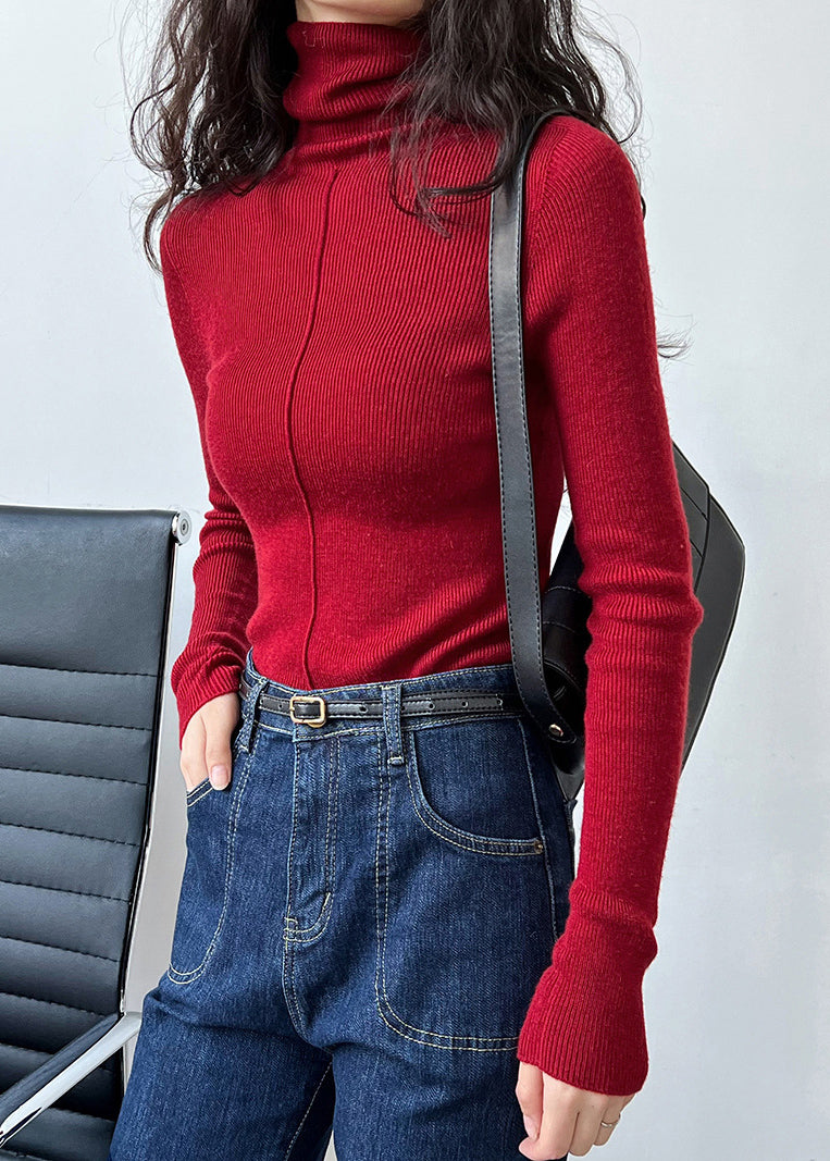 Red Turtleneck Cotton Knit Sweaters Fall