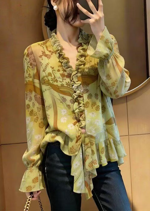 Green Ruffled Print Chiffon Blouse Top Spring