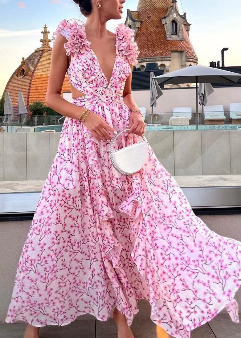 Blue Print Hollow Out Backless Ruffle Dress Summer