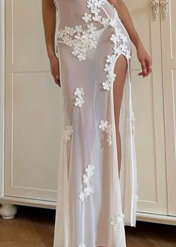 White Strapless Bikini Flower Side Open Long Swimwear Dresses