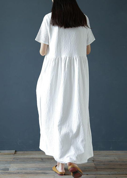 Style White Linen Cotton Dresses O Neck Jacquard Dresses Dresses
