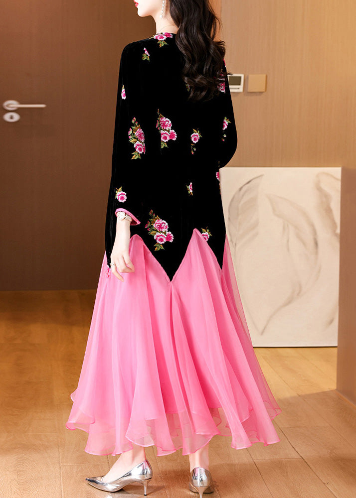 Black Embroidered Patchwork Silk Velvet Long Dress Spring