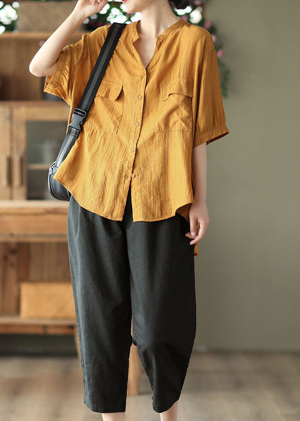 Yellow O Neck Wrinkled Patchwork Cotton Shirt Top Summer
