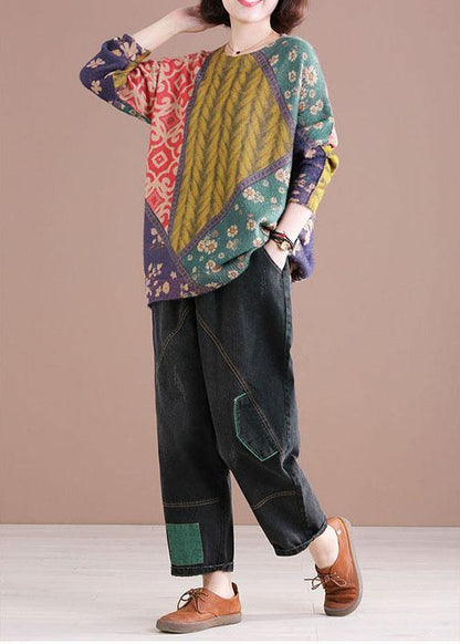 Color Block O-neck Print Cotton Sweater