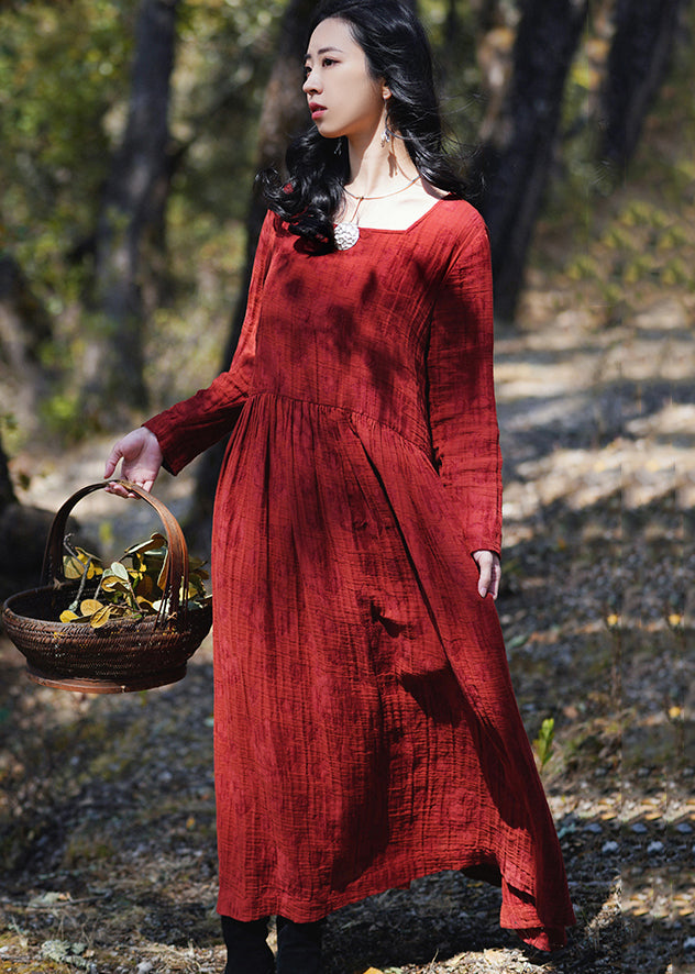 New Wine Red Wrinkled Wear on Both Sides Cotton Dresses Long Sleeve