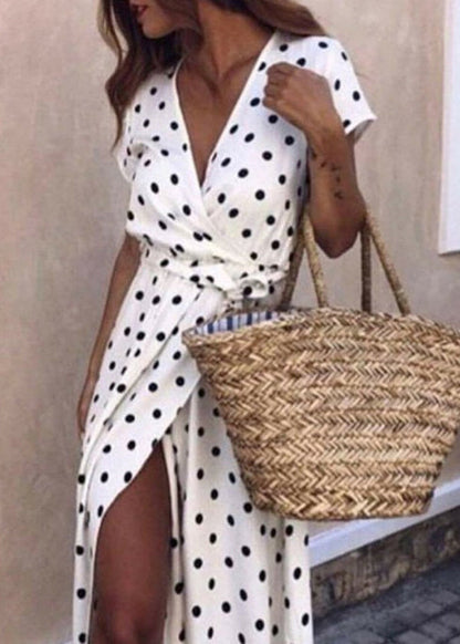Stylish Red V Neck Dot Print Front Open Cotton Dress Summer