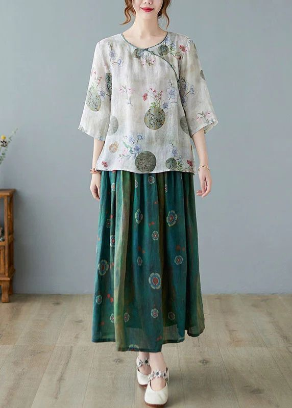 Brown Flower Ramie Elastic Waist Skirt