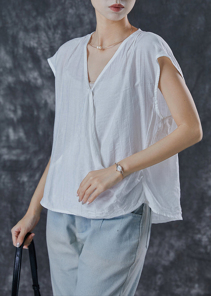 White V Neck Wrinkled Linen Tops Summer