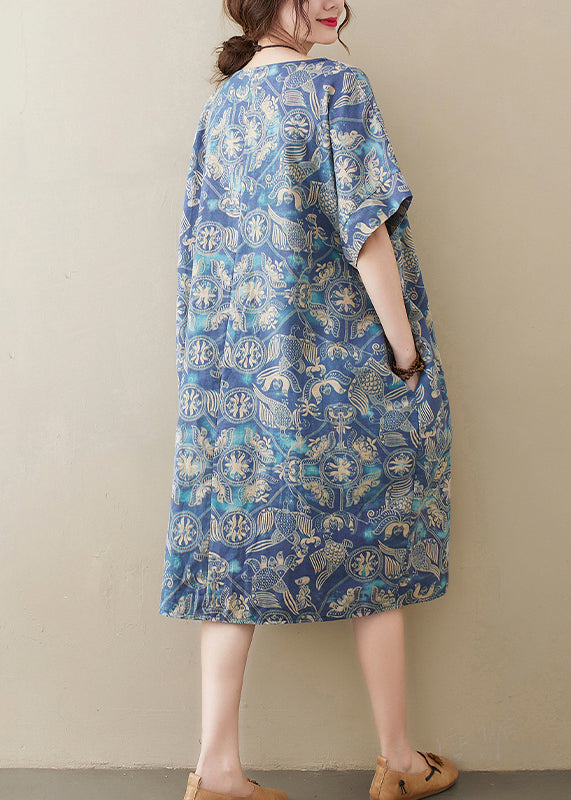 Original Design Blue O-neck Print Cotton Loose Dress Short Sleeve