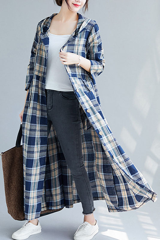Cotton Linen Plaid Dress Hooded Cardigan