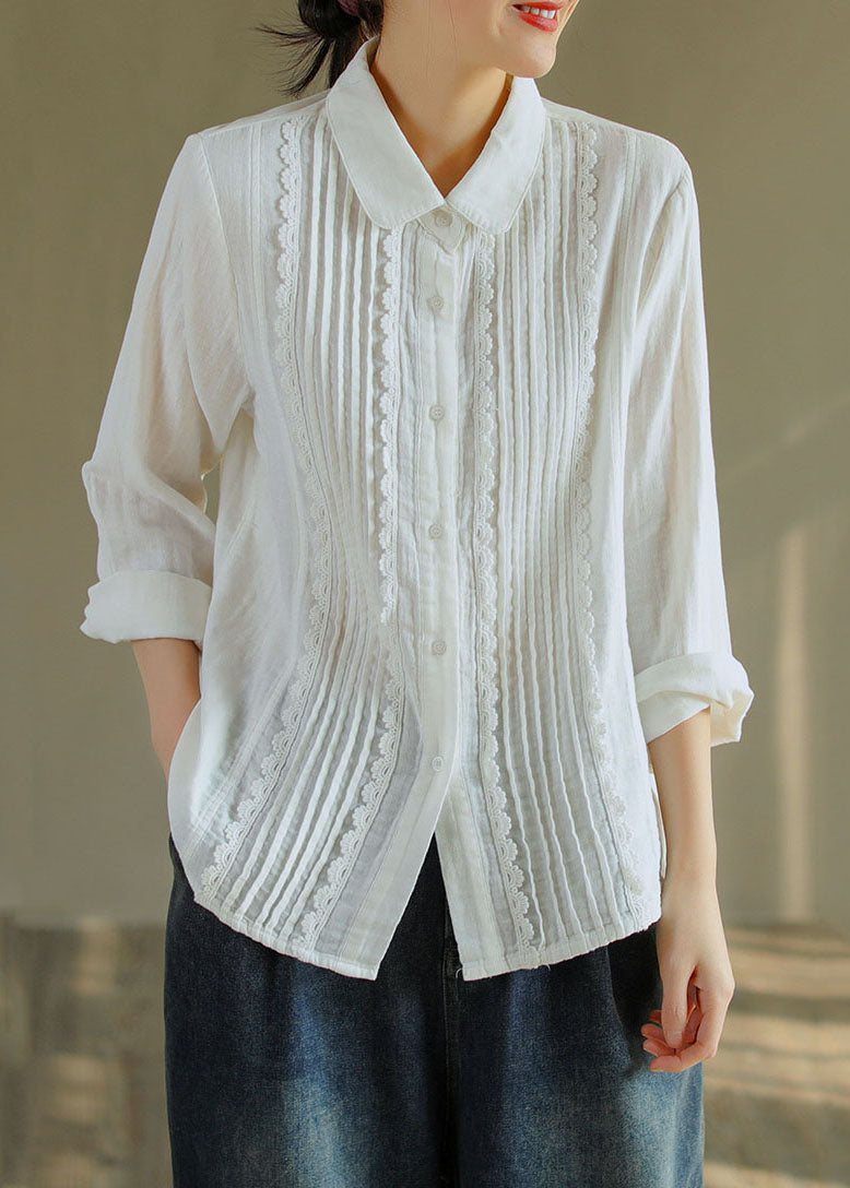 White Peter Pan Collar Lace Patchwork Wrinkled Cotton Shirt Top Spring