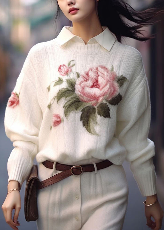 White O Neck Print Cozy Knit Sweaters Fall