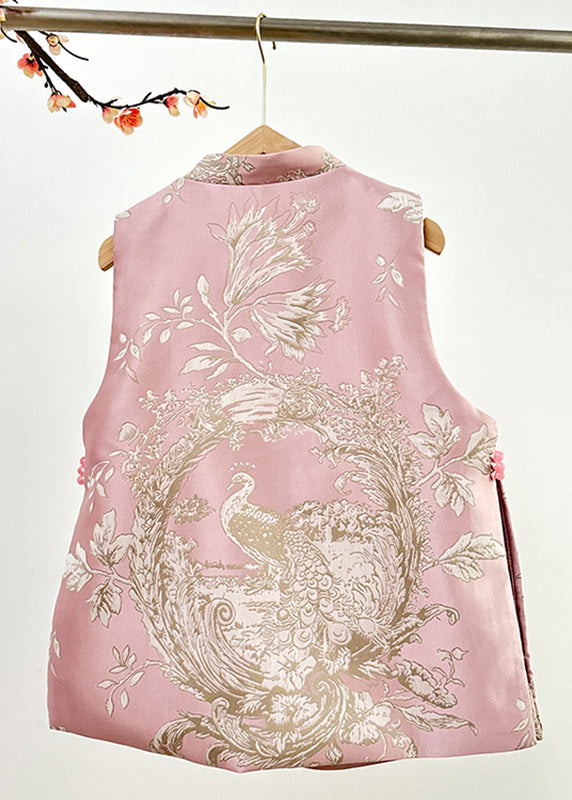 Pink Stand Collar Embroidered Nail Bead Side Open Waistcoat Fall