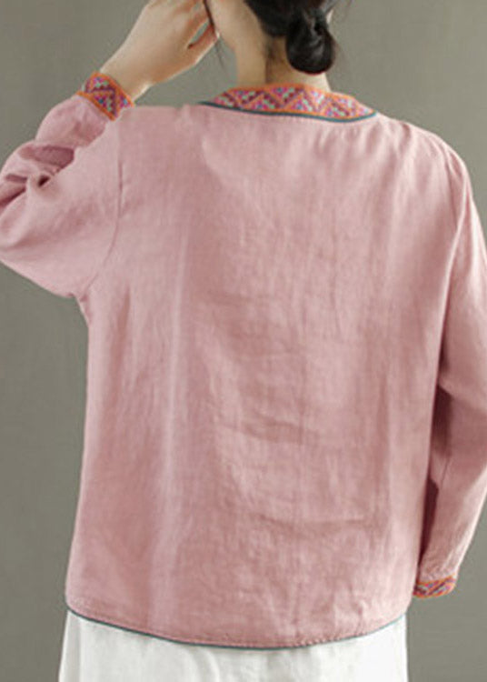 Blue V Neck Embroidered Button Linen Shirt Long Sleeve
