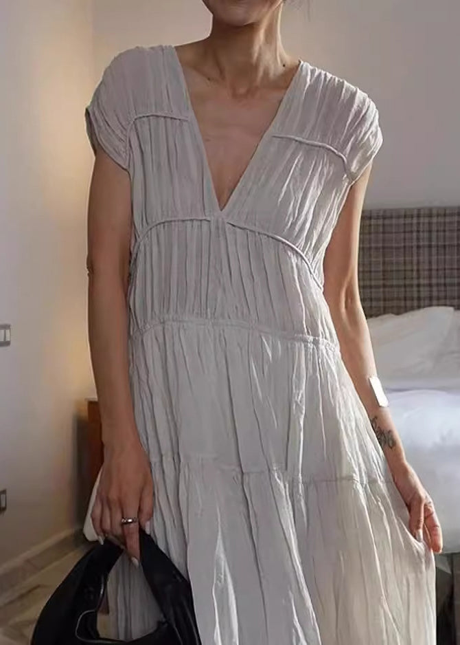 New Grey V Neck Wrinkled Cotton Long Dress Summer