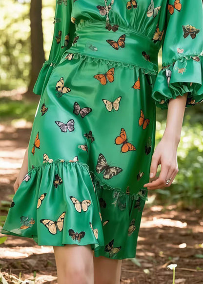 Tea Green Butterfly Silk Day Dress Lantern Sleeve