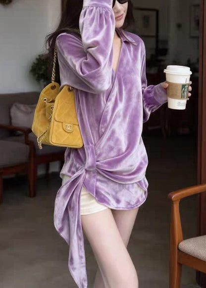 New Yellow Peter Pan Collar Silk Velour Shirt Spring