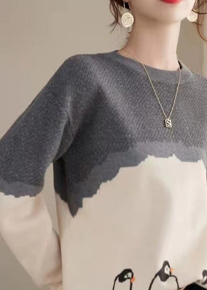 Boutique Photo Color O-neck Print Cotton Knit Sweaters Fall