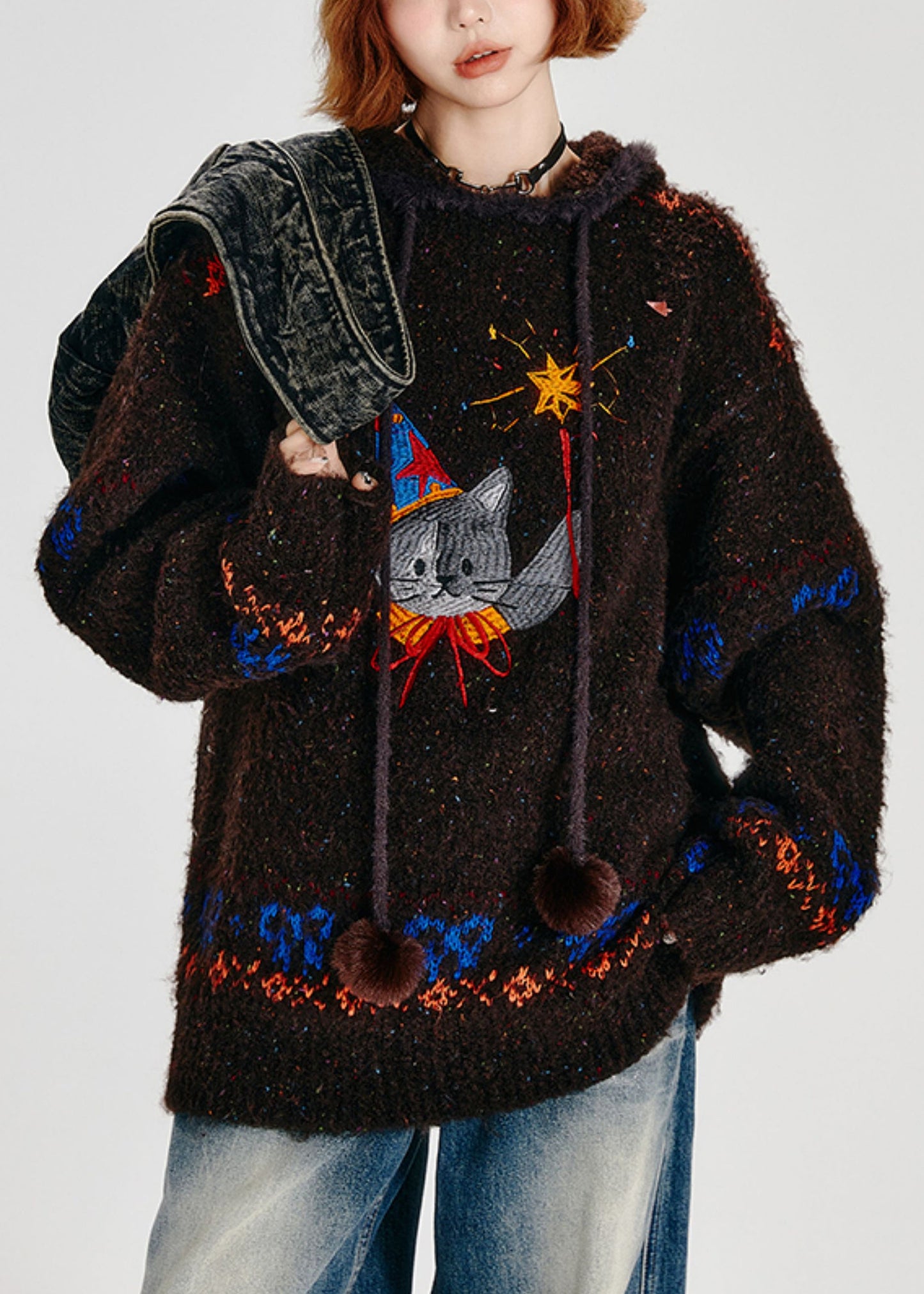 Choaolate Hooded Cat Embroidered Knit Loose Sweatshirt Winter