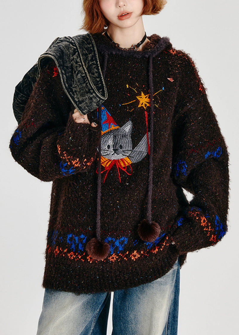 Choaolate Hooded Cat Embroidered Knit Loose Sweatshirt Winter