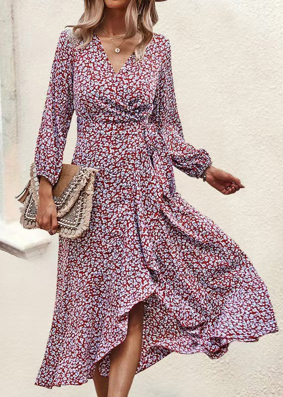 Blue V Neck Print Ruffled Lace Up Chiffon Dress Long Sleeve