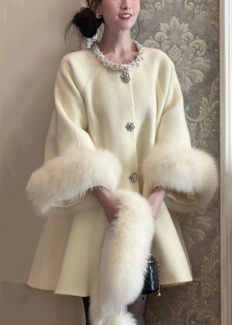 Beige Fur Collar Nail Bead Patchwork Woolen Trench Winter