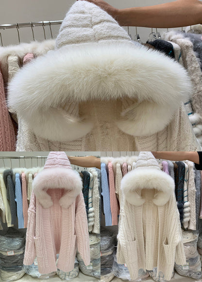Beige Hooded Pockets Patchwork Knit Cardigan Winter