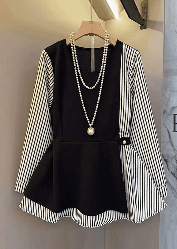 Black Oversized Patchwork Cotton Fake Two Piece Tops Fall