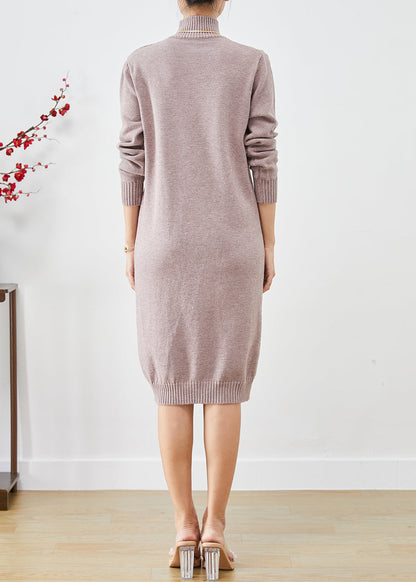 Light Purple High Neck Button Knit Dress Winter