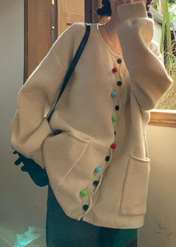 Modern Apricot O-neck Pockets Button Cotton Knit Sweater Coats Fall