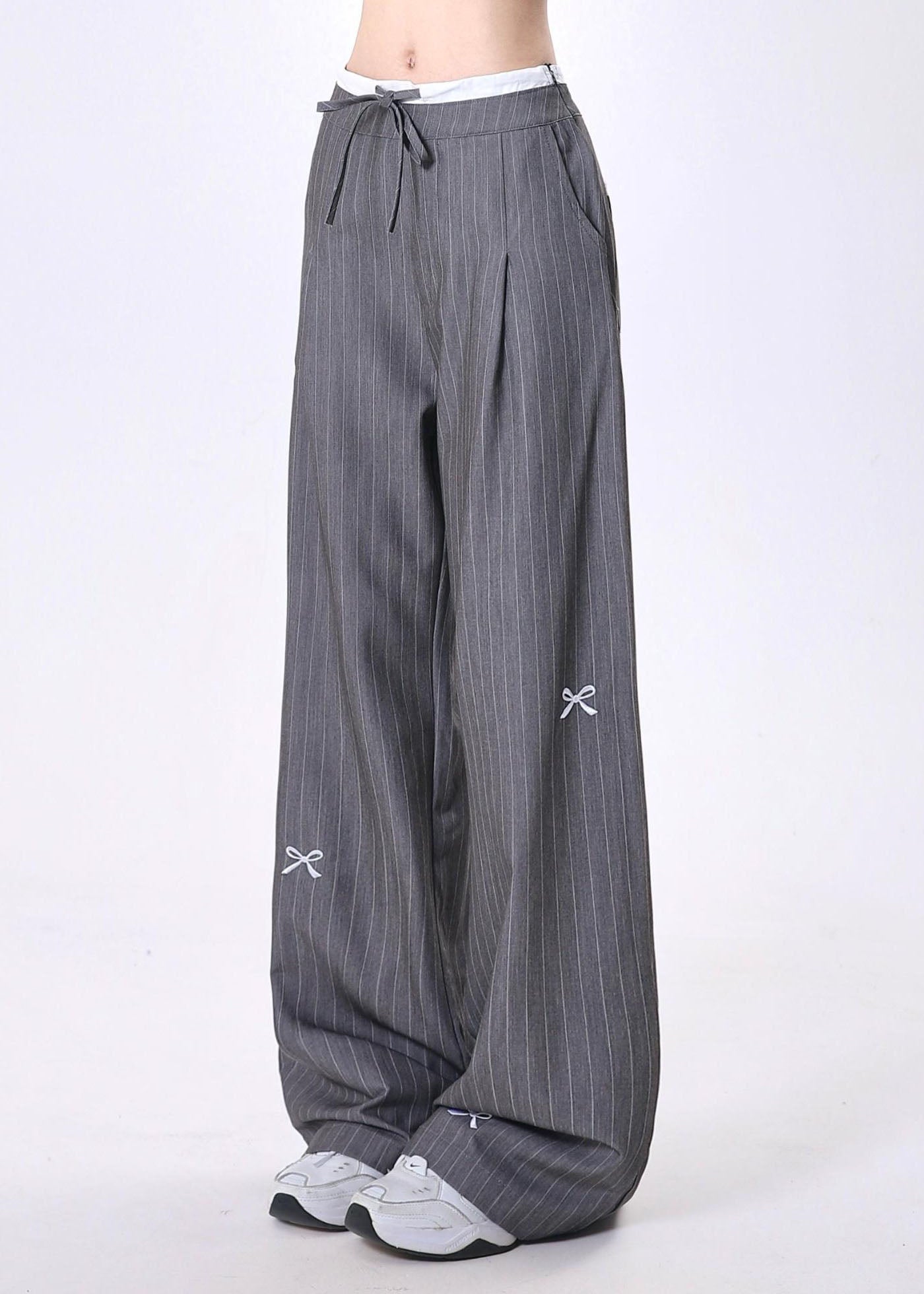 Grey Embroidered Bow Striped Patchwork Cotton Pants Spring