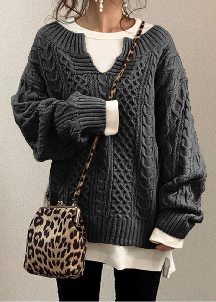 Simple Coffee V Neck Cozy Cable Knit Sweaters Fall