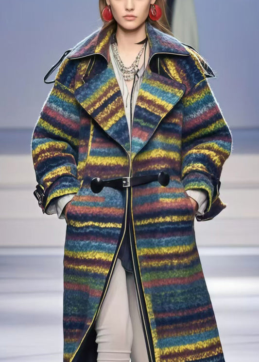 Multicolor Oversized Striped Woolen Trench Fall