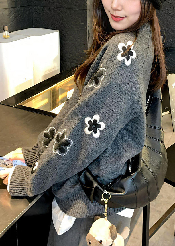 Grey O Neck Knit Sweater Tops Fall