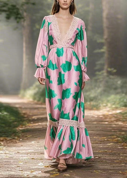 V Neck Print Lace Patchwork Silk Long Dress Spring