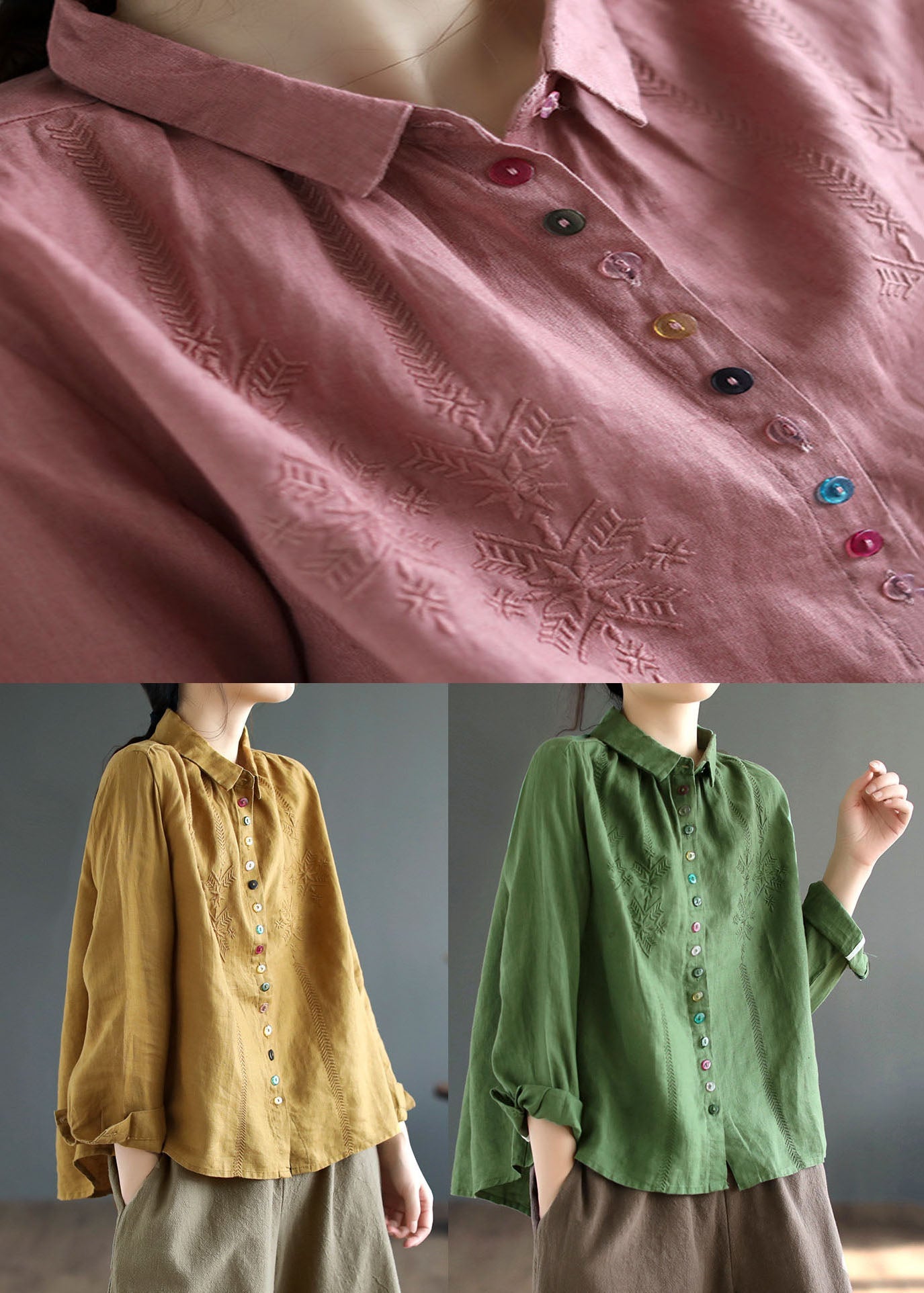 Style Green Embroidered Patchwork Linen Shirts Spring