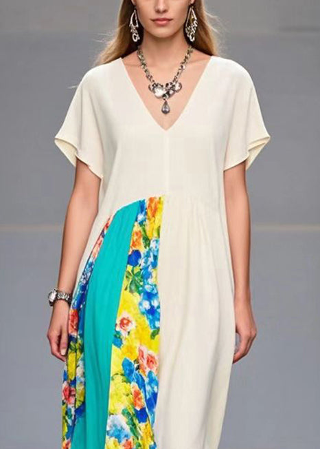 White Asymmetrical Patchwork Chiffon Maxi Dresses Summer