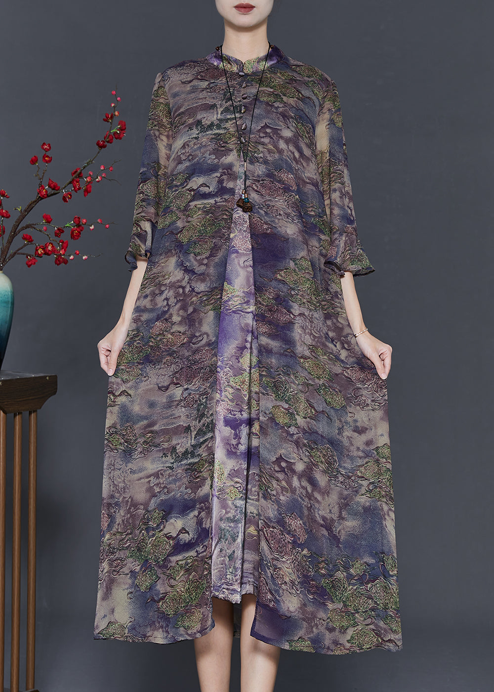 Purple Print Silk Fake Two Piece Dresses Bracelet Sleeve